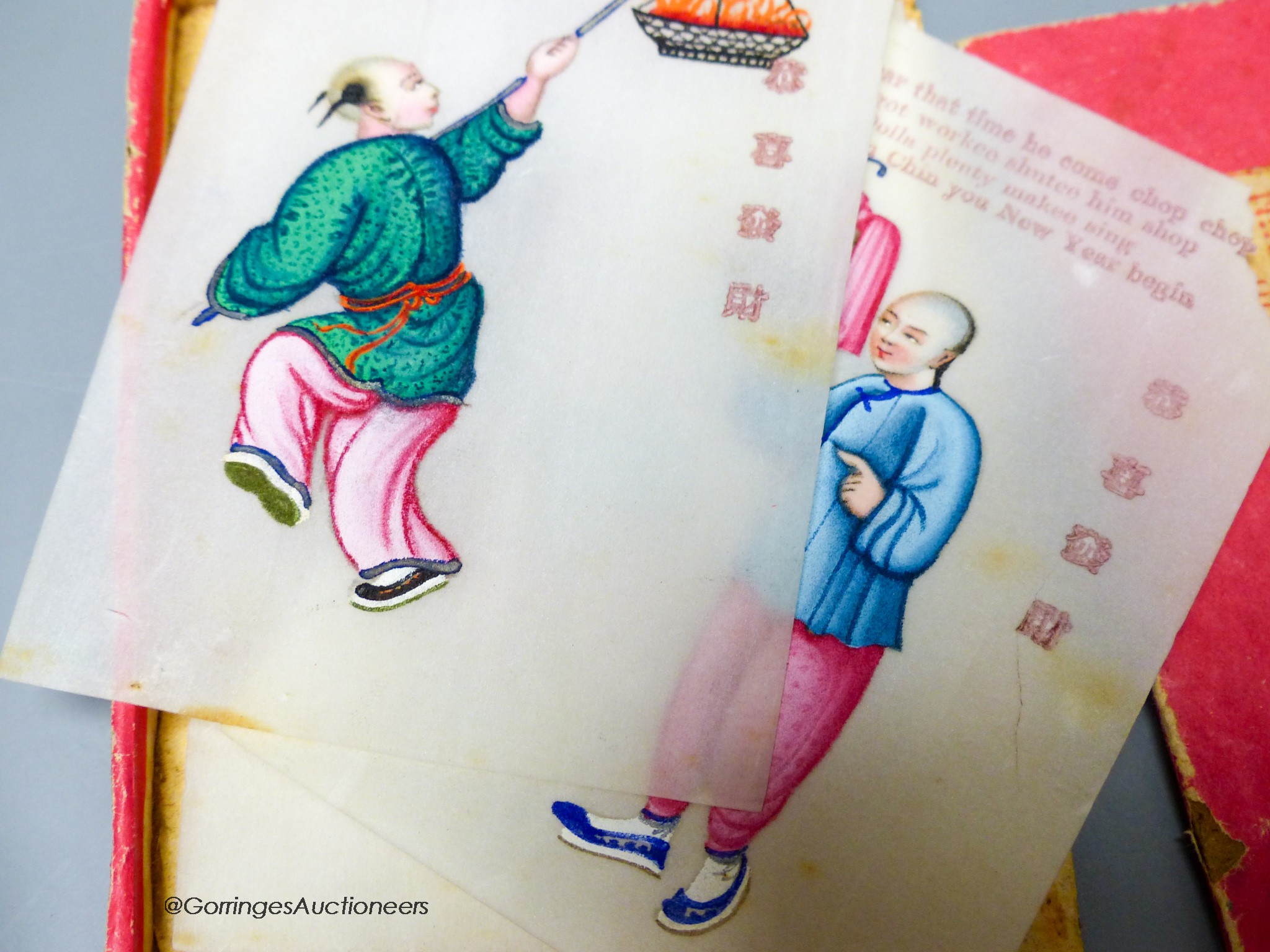 A set of Chinese New Year paintings on rice paper, the box with retailers label for Kwong Manshing Hong Kong, 10.5 x 9 cm